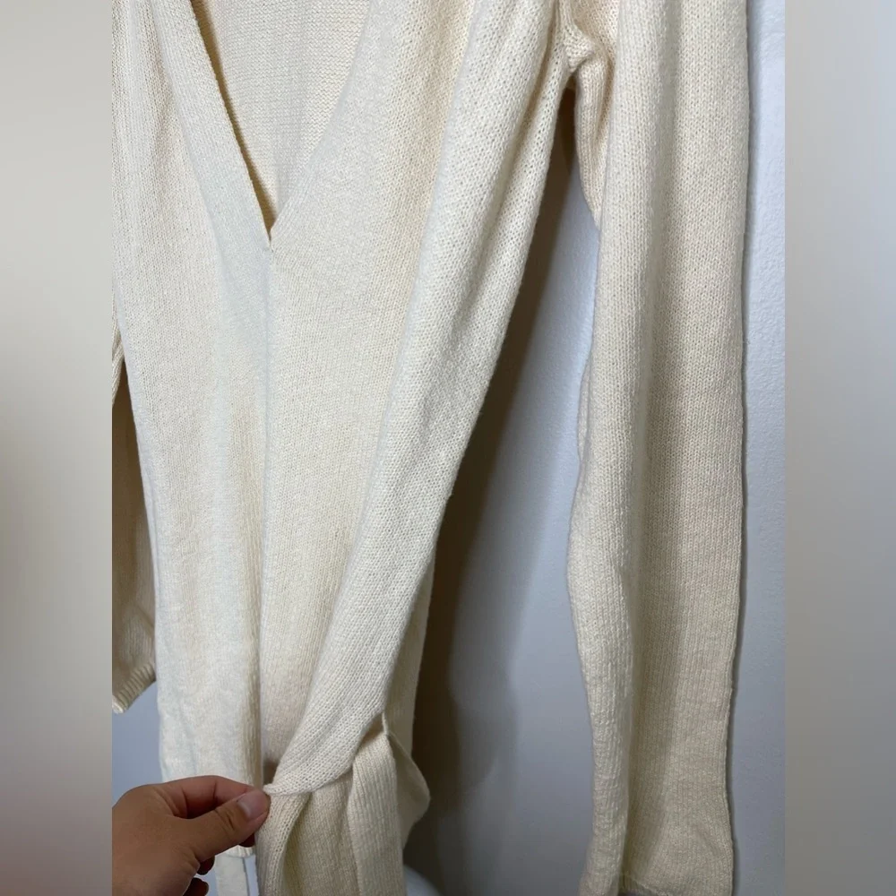 Vince New Ivory Cotton Hoodied Deep V Belted Knit Pullover L Coastal Designer - Picture 5 of 9